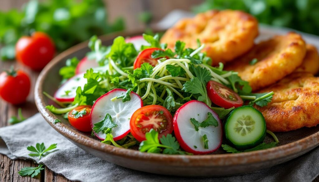 découvrez une salade fraîche et croquante parfaite pour accompagner vos accras de morue, alliant saveurs et légèreté pour un repas équilibré et délicieux.