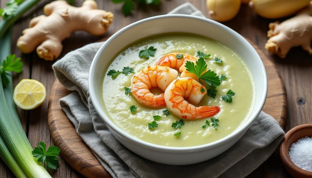 découvrez notre recette simple et savoureuse de velouté de poireaux accompagné de crevettes sautées au gingembre, un plat raffiné et facile à préparer.