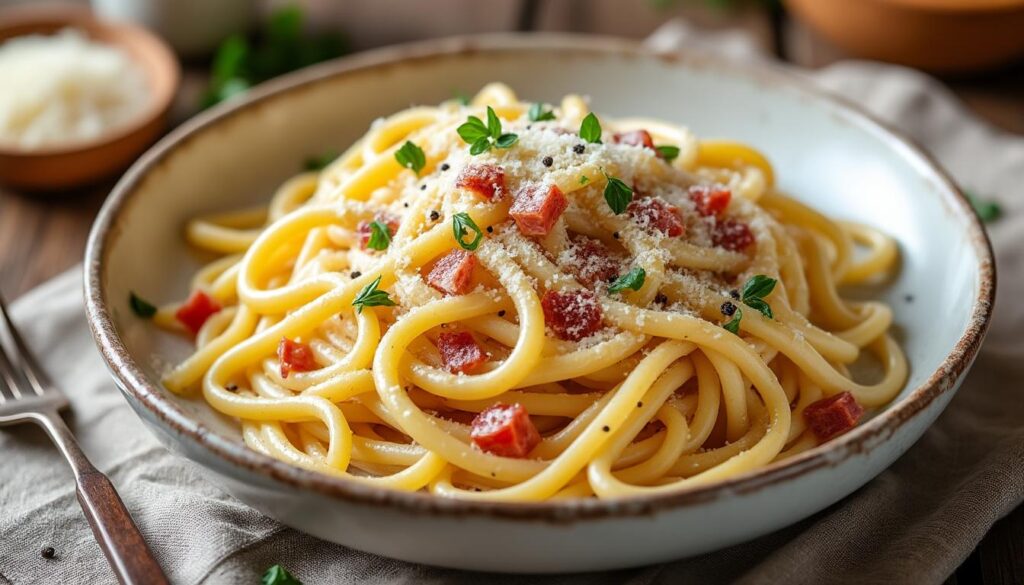 découvrez une recette simple de pâtes carbonara à la crème fraîche, liquide ou épaisse, pour un plat savoureux et rapide à préparer.