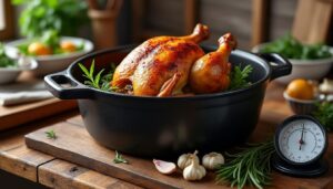 découvrez le temps de cuisson idéal du chapon en cocotte en fonte selon son poids pour une viande tendre et savoureuse à chaque fois.
