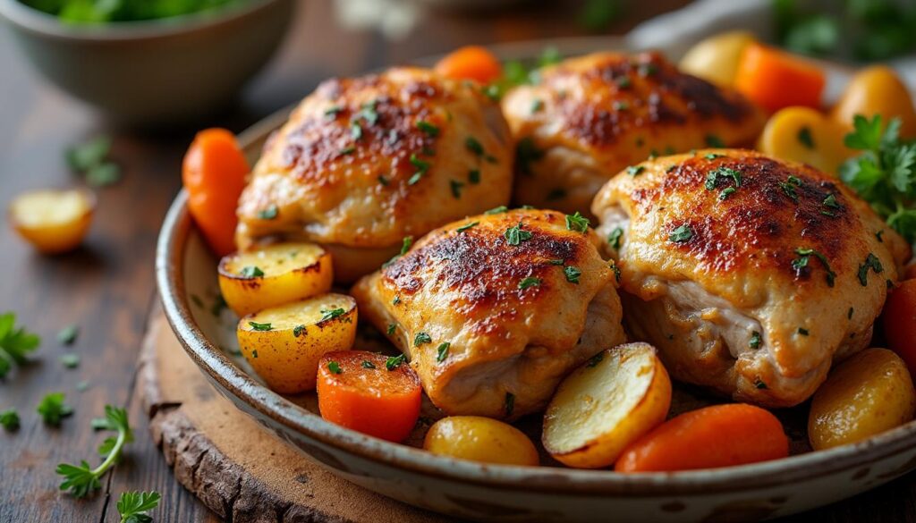 découvrez une recette facile de cuisses de poulet au four avec une peau délicieusement croustillante, idéale pour un repas savoureux et rapide.