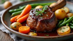 découvrez une recette savoureuse de jarret de bœuf braisé fondant, accompagné de légumes de saison pour un plat réconfortant et plein de saveurs.