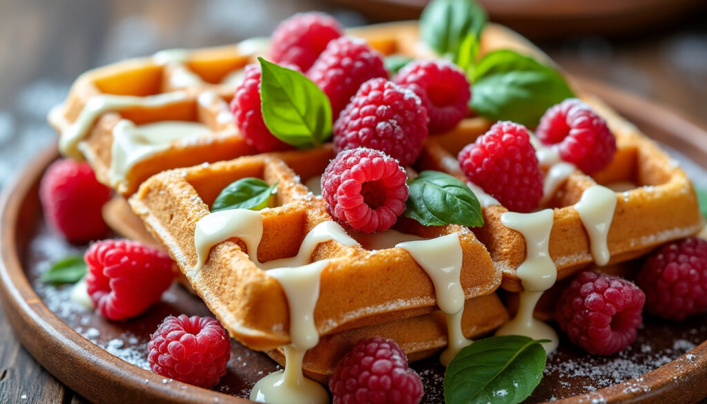découvrez une recette gourmande de gaufres au chocolat blanc, framboises fraîches et basilic, pour un dessert original et savoureux qui ravira vos papilles.
