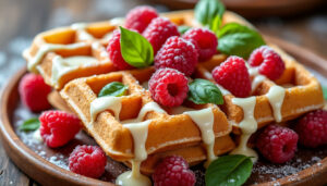 découvrez une recette gourmande de gaufres au chocolat blanc, framboises fraîches et basilic, pour un dessert original et savoureux qui ravira vos papilles.