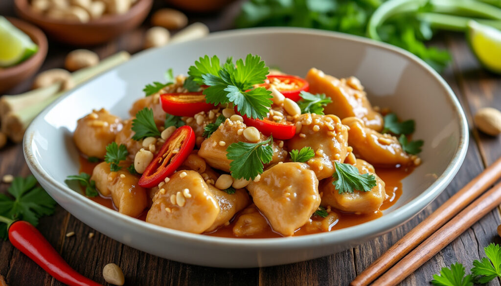 découvrez une recette thaïlandaise facile et savoureuse de poulet aux cacahuètes, parfaite pour un repas rapide et gourmand.