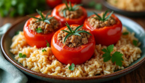 découvrez notre recette facile et savoureuse de tomates farcies accompagnées de riz au four, un plat gourmand et simple à préparer pour toute la famille.